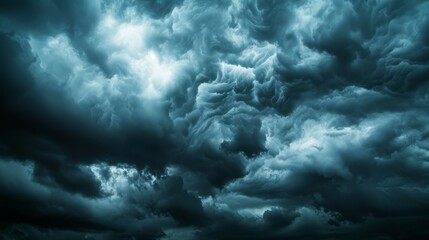 Stunning panoramic background with cloudy skies before a thunderstorm. Gloomy storm heaven panorama.