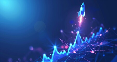 Poster - Rocket launch with abstract stock market growth graph illustrating financial success