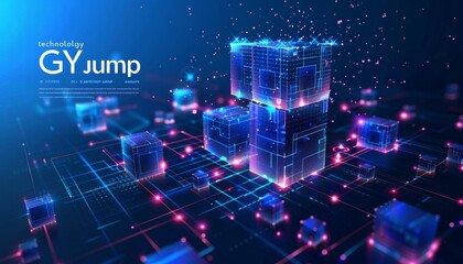 Poster - Futuristic technology background with glowing cubes and digital network elements