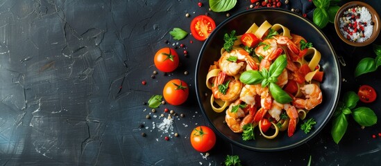 Canvas Print - Shrimp and tomato fettuccine pasta on a dark background in a top view copy space image