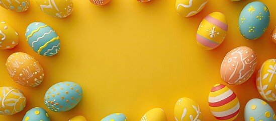 Wall Mural - Circular yellow background with painted Easter eggs viewed from the top forming a frame with copy space image