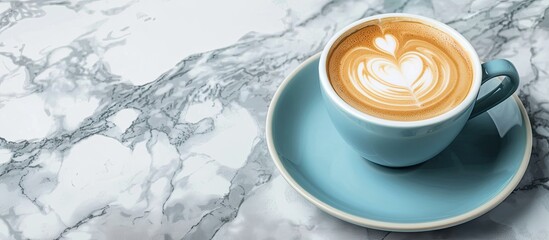 Canvas Print - Blue cup with a heart shaped foam design on fresh coffee set on a marble background with copy space image