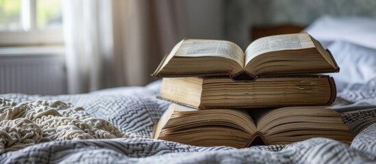 Canvas Print - Vintage old books on a cozy bed with an open book showing a seamless texture of its pages creating a homely and comfortable atmosphere Copy space image available