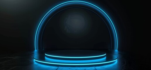 A futuristic sci fi studio room with lights blue, Future background for design.