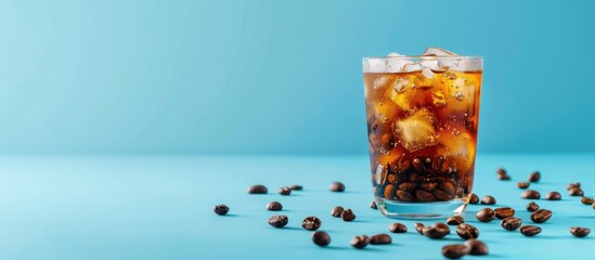 Wall Mural - Refreshing iced coffee with coffee beans and ice cubes on a blue backdrop for a cool summer beverage with copy space image