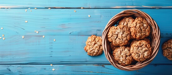 Wall Mural - Top down view of a wicker basket filled with delicious oatmeal cookies on a blue wooden table offering space for text alongside the image. Copy space image. Place for adding text and design