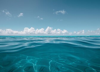 Wall Mural - A blue ocean or sea surface and underwater with a sunny or cloudy sky