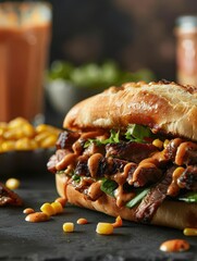 Wall Mural - Close-up of a delicious pulled pork sandwich with sauce and corn.