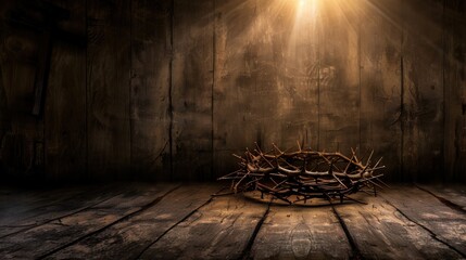 A crown of thorns placed on a distressed wooden floor, captured under dramatic and ethereal lighting, evoking themes of sacrifice, suffering, and redemption with a vintage aesthetic.