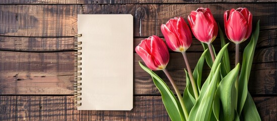 Wall Mural - Spring tulip flowers with a blank notepad on a rustic wooden backdrop ideal for Valentine s Mother s and Easter with a copy space image