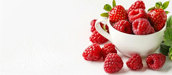 Canvas Print - Ceramic cup with strawberries and raspberries on white background for a summer fruits concept with copy space image