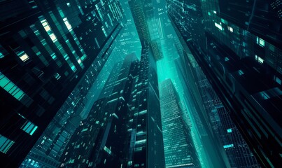 Poster - An image of a skyscraper building in a misty, foggy, future city. Viewed from the bottom up. For technology business backgrounds.