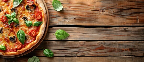 Canvas Print - Italian pizza displayed on a wooden table with copy space image