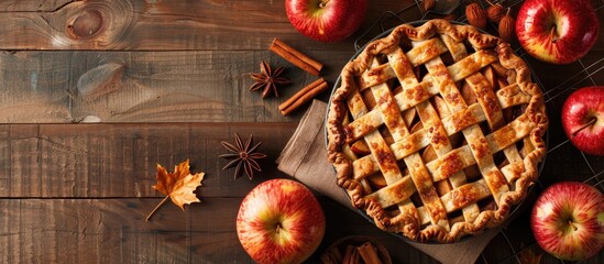 Wall Mural - Apple pie with cinnamon a classic dessert with a rustic touch laid out beautifully with an enticingly blank space for your text or design copy space image