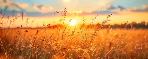 Wall Mural - Moody autumn fall nature field background with golden hour sunlight. Abstract dry wildflower field background on warm golden hour sunset or sunrise time.