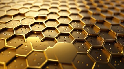 Poster - The surface is a polygonal mosaic with a random golden hexagon as the background. An abstract geometric background appears in the 3d rendering.