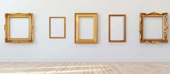 Wall Mural - Vintage gold frames displayed on a white background in an art gallery with copy space image