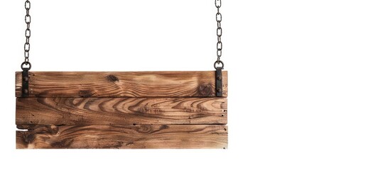 Poster - Wooden signboard suspended from a metal chain against a white backdrop providing a space for adding text. Copy space image. Place for adding text and design