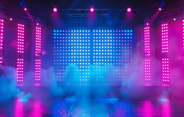 Poster - The background is an abstract dark futuristic background with neon lines. Shapes are neon lines, rays of light are blurry. There are multicolored glows, blurry lights in the background.