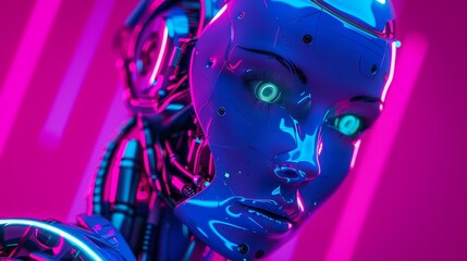 Poster - Three-dimensional render of a young bald cyberpunk girl with artificial green eyes and a scary sci-fi mask with glowing blue teeth.