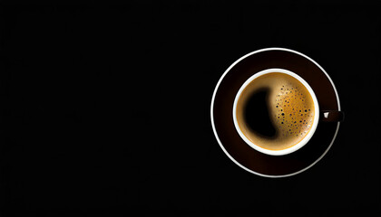 Cup of coffee on black background. Copy space. Top view. Flat lay. Panorama