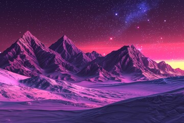 Poster - A beautiful sunset in a desert landscape. Mountain landscape with lights reflecting on water. A sci fi scene with planets, neon lights. Beautiful sunsets in a desert landscape.