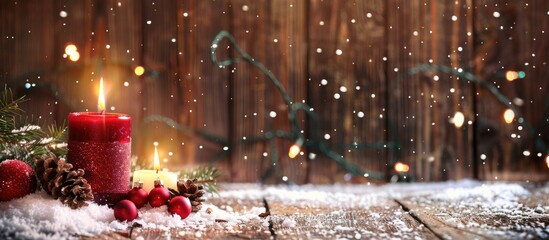 Poster - Christmas decorations and a burning candle set against a snowy wooden backdrop with ample copy space image