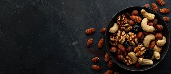 Poster - A bowl of assorted nuts displayed from the top on a dark background with space for additional text or images