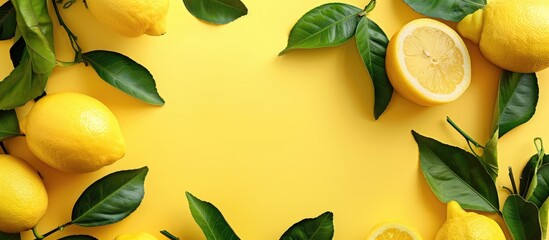 Wall Mural - Top view copy space image featuring lemons and leaves on a yellow background in a fruit themed frame