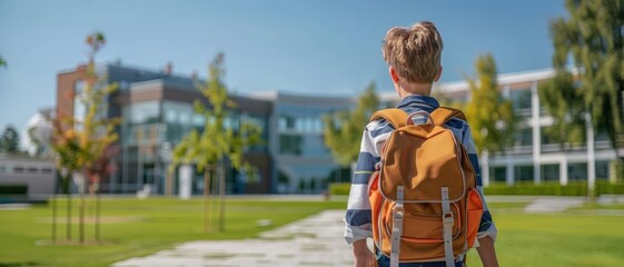 Boy with backpack walking to school, back to school concept, sunny day, school building in the background, Photorealistic, Bright colors, High detail