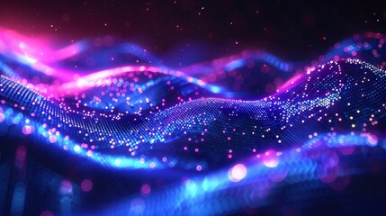 Poster - Music wave of particles. Data visualization in 3D. Blue abstract background with a dynamic wave.