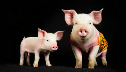 pig cute newborn standing on a grass lawn. concept of biological , animal health , friendship , love of nature . vegan and vegetarian style . respect for nature