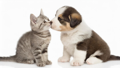 Little tabby kitten playing with little puppy