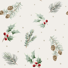 Wall Mural - christmas seamless pattern, holly with red berries, fir, pine twigs, cones, stars, beige background.