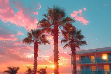 Wall Mural - A sunset over a beach with palm trees and a hotel in the background