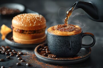 Wall Mural - A coffee cup with a brown liquid pouring into it sits on a black plate