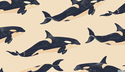 Photo of A pattern with symmetrical orcas on beige background, representing the theme 