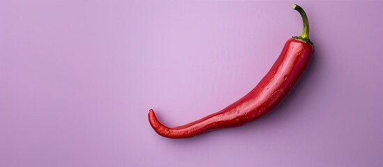 Poster - Top view close up of a fresh red chili pepper on a table with a pastel purple background and ample copy space image