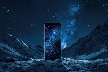 Poster - A phone is displayed in a snowy landscape with a starry sky above it