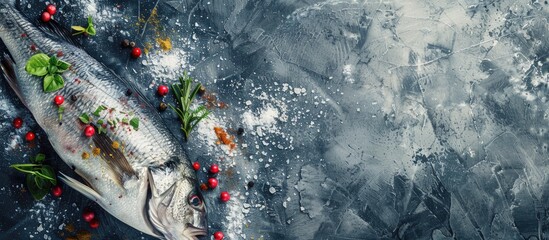 Poster - Top down view of raw sea bass adorned with flavorful spices and herbs against a concrete background offering a spacious area for additional content in the image