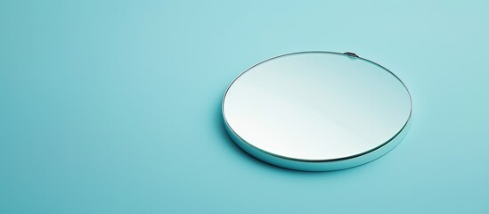 Sticker - Horizontal trendy background with a round mirror on blue paper featuring copy space image