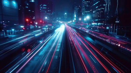 Sticker - Cars lights on the road of modern city at night time. Timelapse, hyperlapse of transportation. Motion blur, light trails, abstract soft glowing lines.