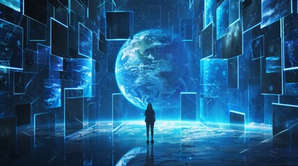 Poster - a futuristic hologram screen landscape transports observers to distant galaxies, filling their minds
