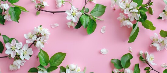 Poster - A creative and minimalist spring concept featuring apple tree branches with white flowers on a pink backdrop A flat lay view with the perfect copy space image