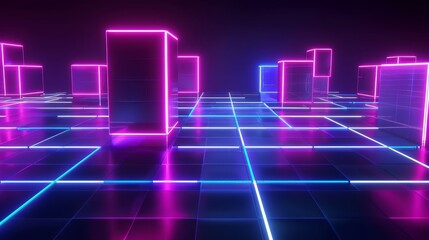 Poster - This neon glow is cyan, blue, and purple. It represents a perspective grid room in cyberspace, digital technology, and virtual reality.