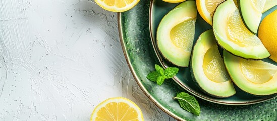 Wall Mural - Avocado and lemon slices on a green plate with a white background showcasing healthy vegetarian tropical fruits for breakfast with copy space image