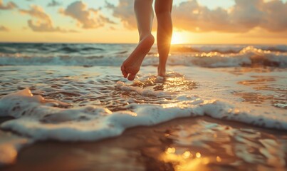 Wall Mural - Close up of a woman's feet walking on the beach at sunset