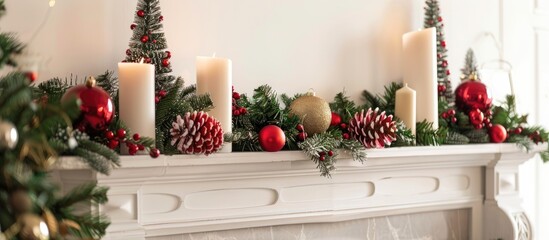 Poster - Festive Christmas decorations embellishing a mantel with a charming copy space image