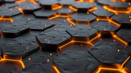 Poster - The image shows a futuristic background with hexagonal shapes and orange light.
