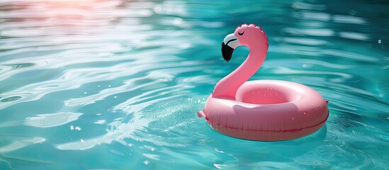 Sticker - Inflatable pink flamingo toy floating in an outdoor swimming pool on a sunny day with copy space image